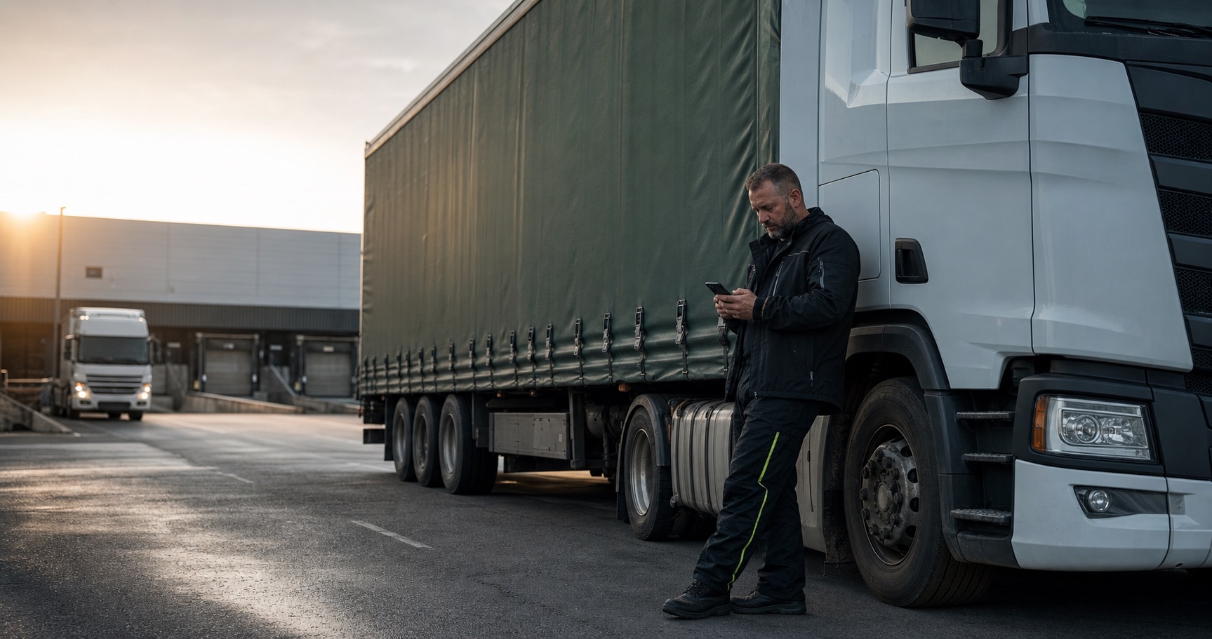 Kierowca zawodowy sprawdza informacje o trasie przy naczepie plandekowej na placu logistycznym
